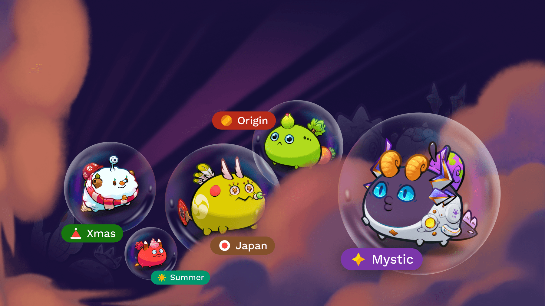 Axie Infinity characters including Xmas, Origin, Japan, Summer, and Mystic Axies in glowing orbs